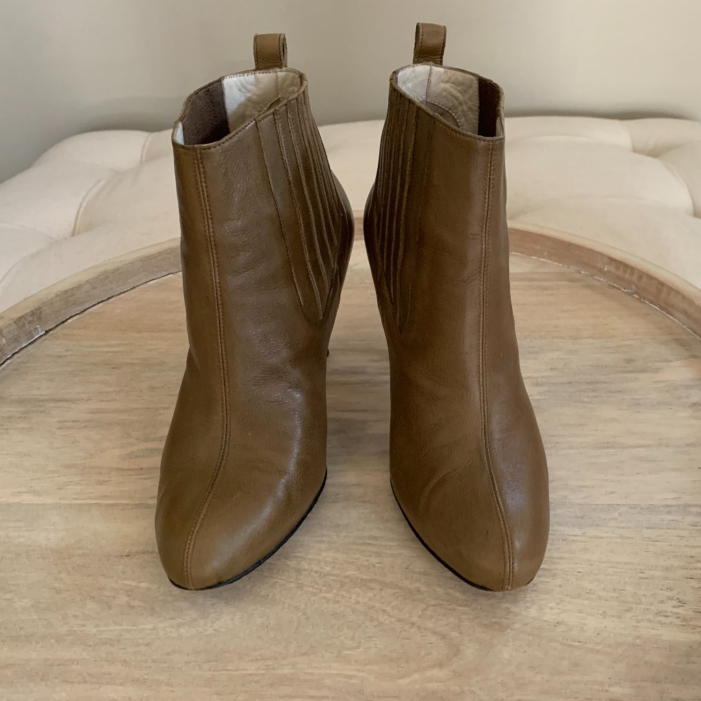 Brian Atwood "Casey" Taupe Nappa Leather Heeled Bootie
